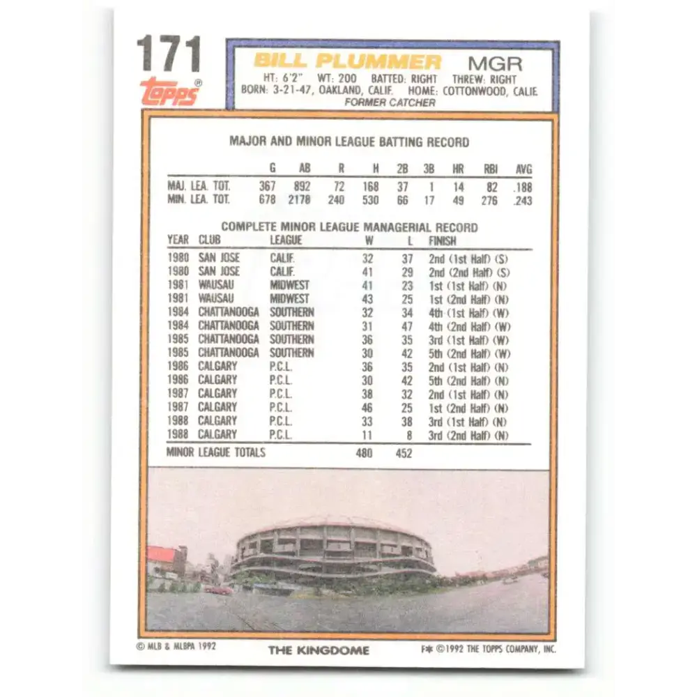 1992 Topps #171 Bill Plummer NM-MT Seattle Mariners Baseball Card - Baseball Card Single