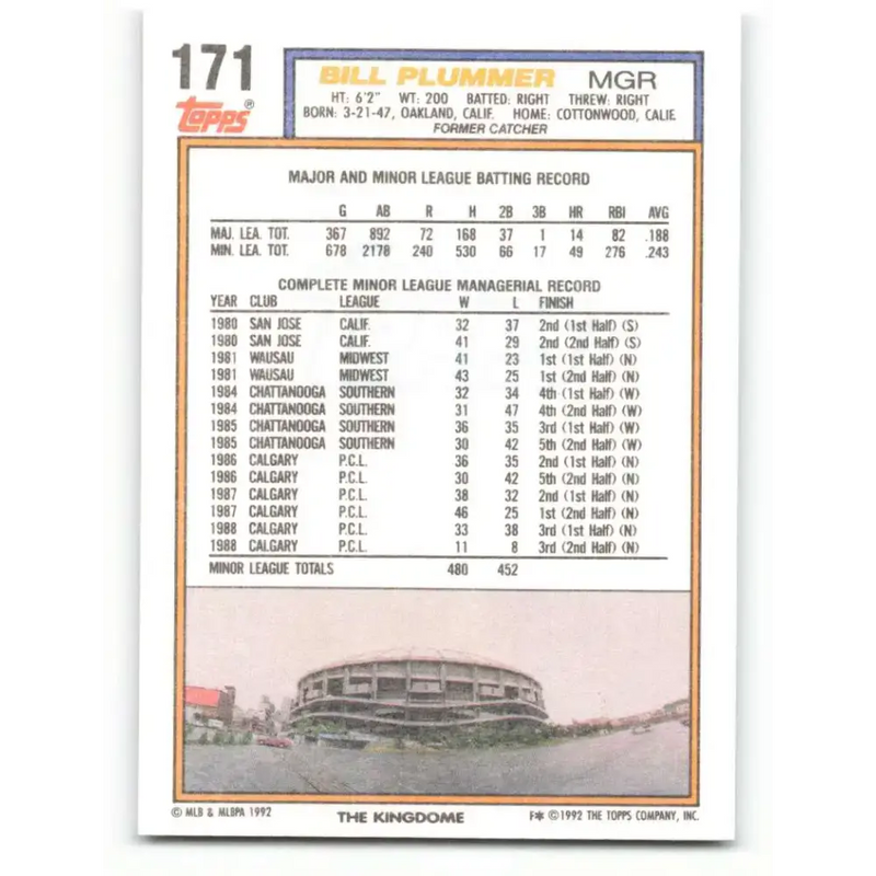 1992 Topps #171 Bill Plummer NM-MT Seattle Mariners Baseball Card - Baseball Card Single