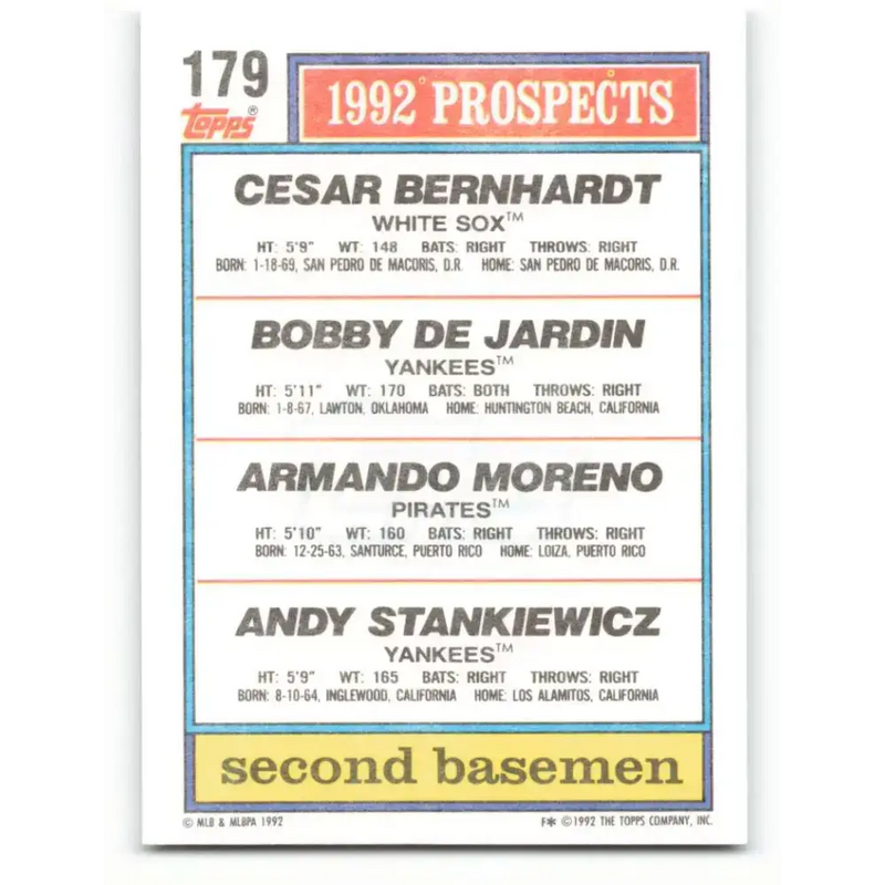 1992 Topps #179 Cesar Bernhardt/Bobby DeJardin/Armando Moreno/Andy Stankiewicz NM-MT Chicago White Sox/New York