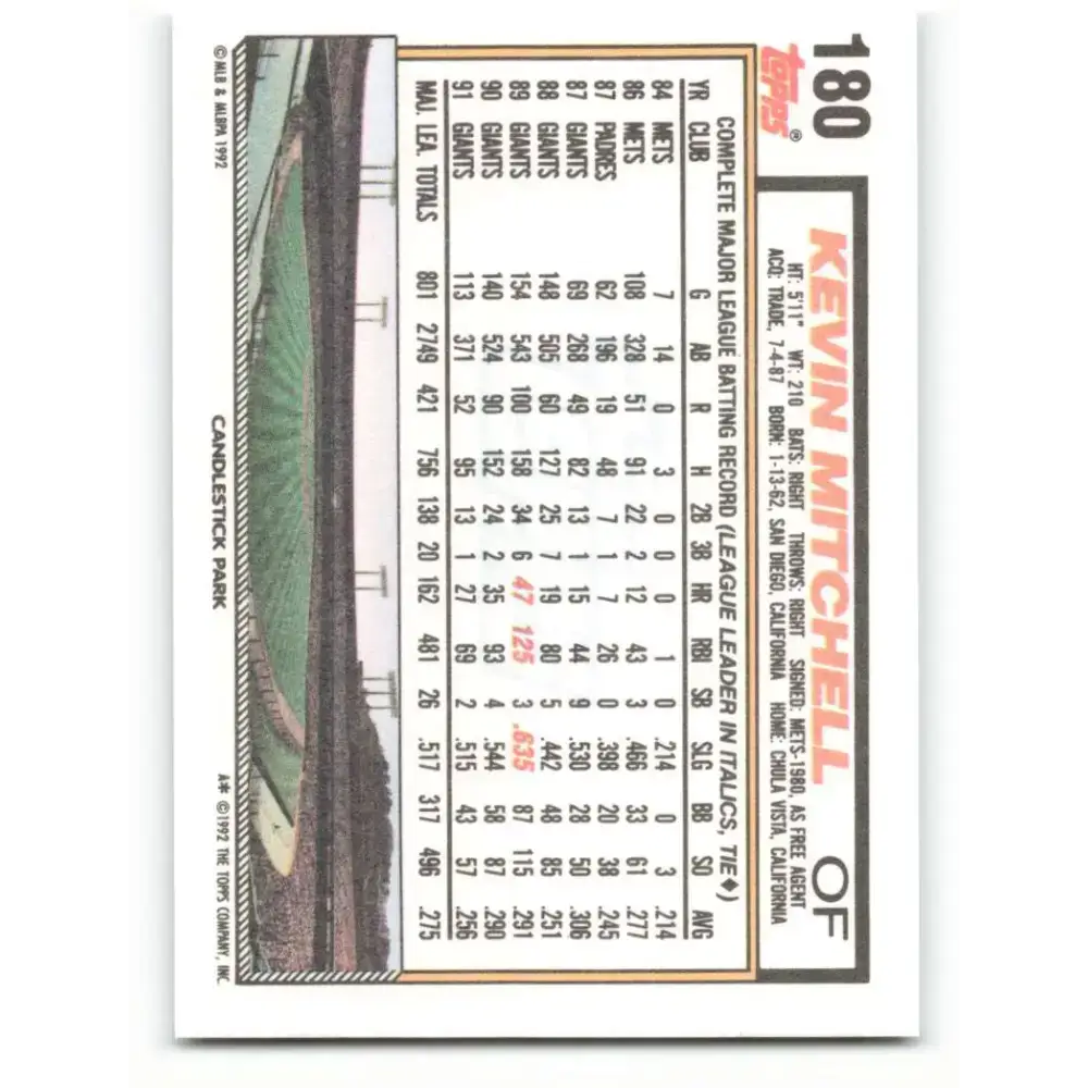 1992 Topps #180 Kevin Mitchell NM-MT San Francisco Giants Baseball Card - Baseball Card Single
