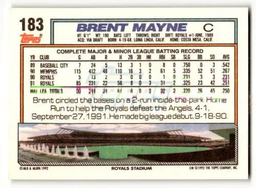 1992 Topps #183 Brent Mayne Kansas City Royals Baseball Cards EX/NM ID:61144 - Baseball Card Single