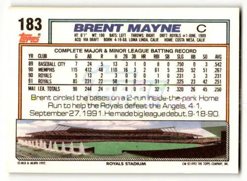 1992 Topps #183 Brent Mayne Kansas City Royals Baseball Cards EX/NM ID:61166 - Baseball Card Single