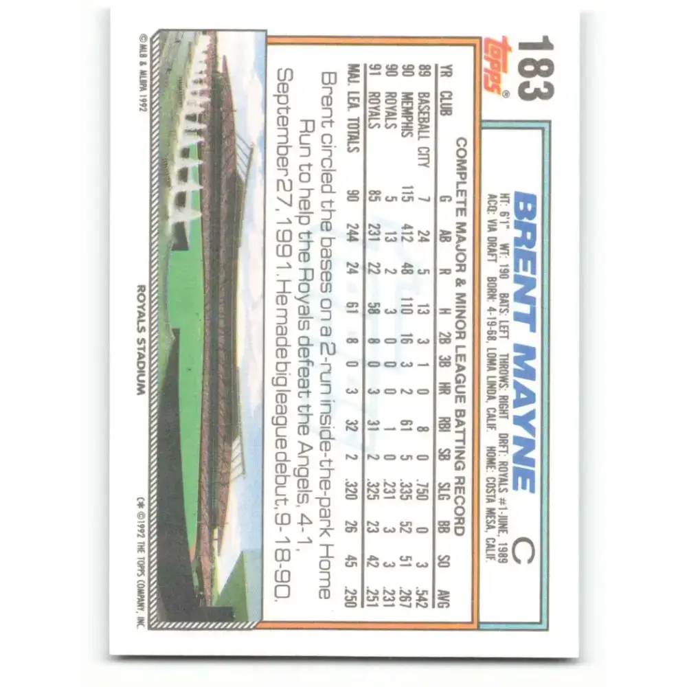 1992 Topps #183 Brent Mayne NM-MT Kansas City Royals Baseball Card - Baseball Card Single