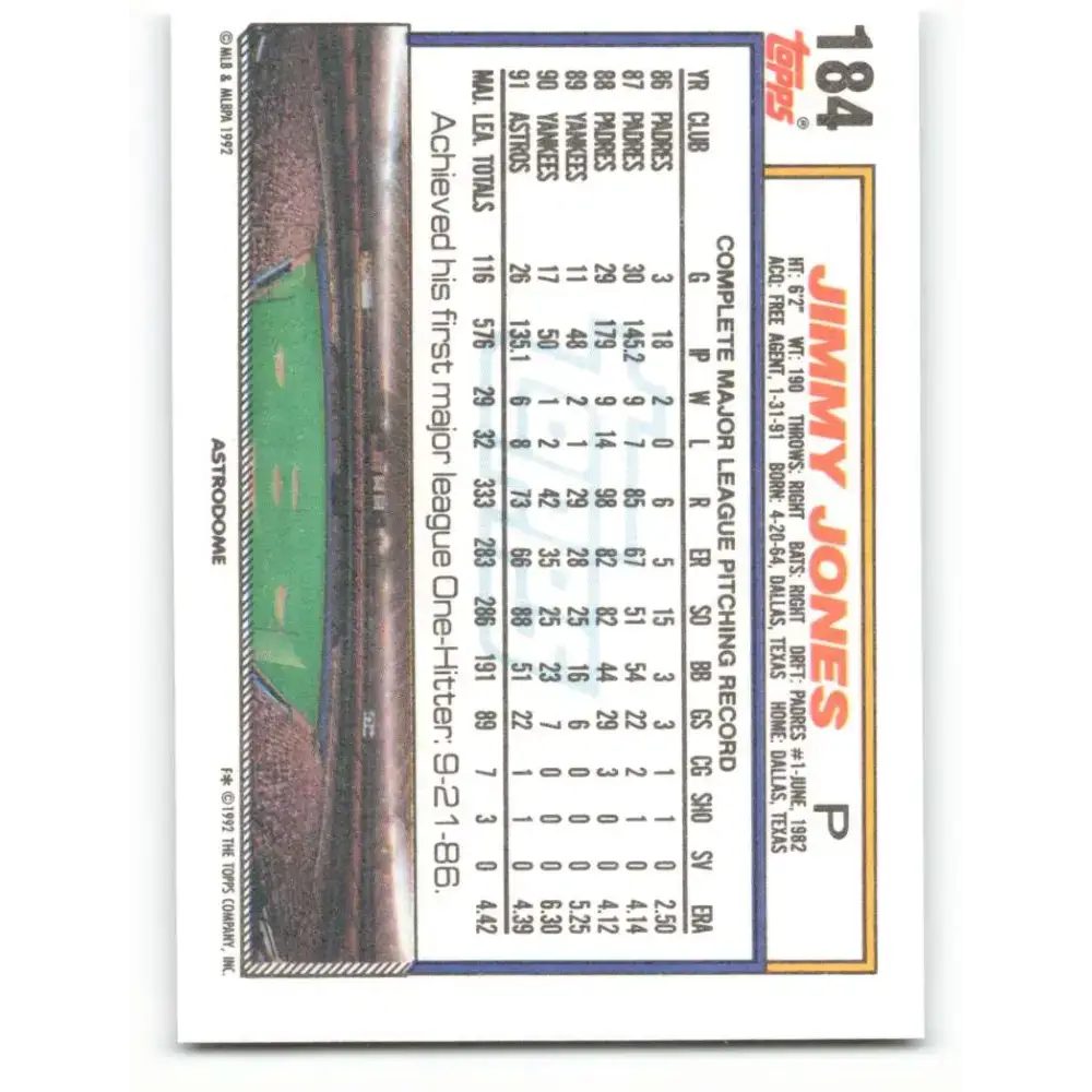1992 Topps #184 Jimmy Jones NM-MT Houston Astros Baseball Card - Baseball Card Single