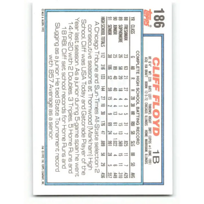 1992 Topps #186 Cliff Floyd EX Excellent RC Rookie Montreal Expos Baseball Card - Baseball Card