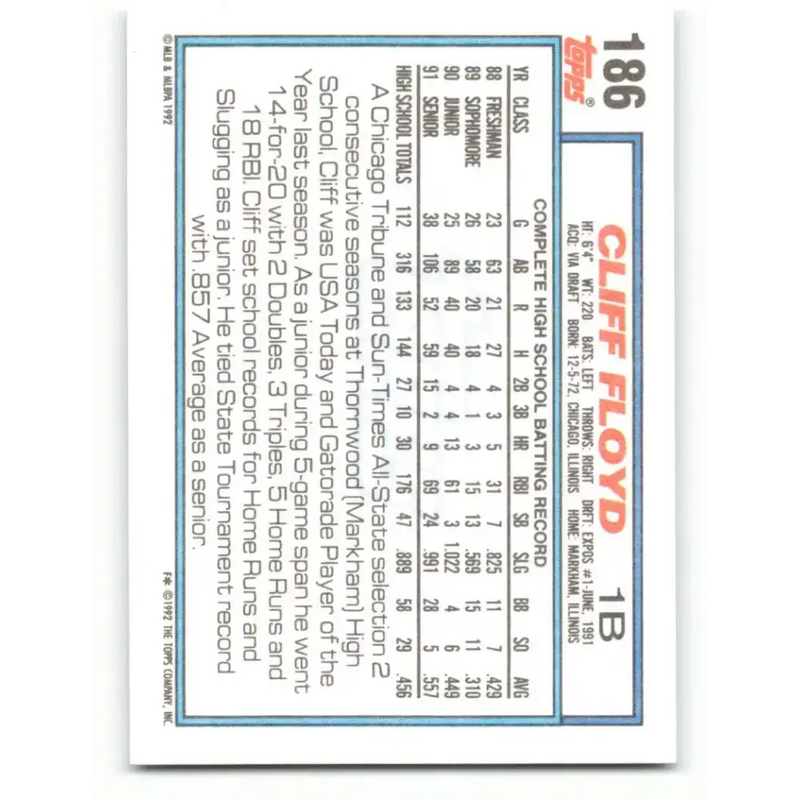 1992 Topps #186 Cliff Floyd NM-MT RC Rookie Montreal Expos Baseball Card - Baseball Card Single