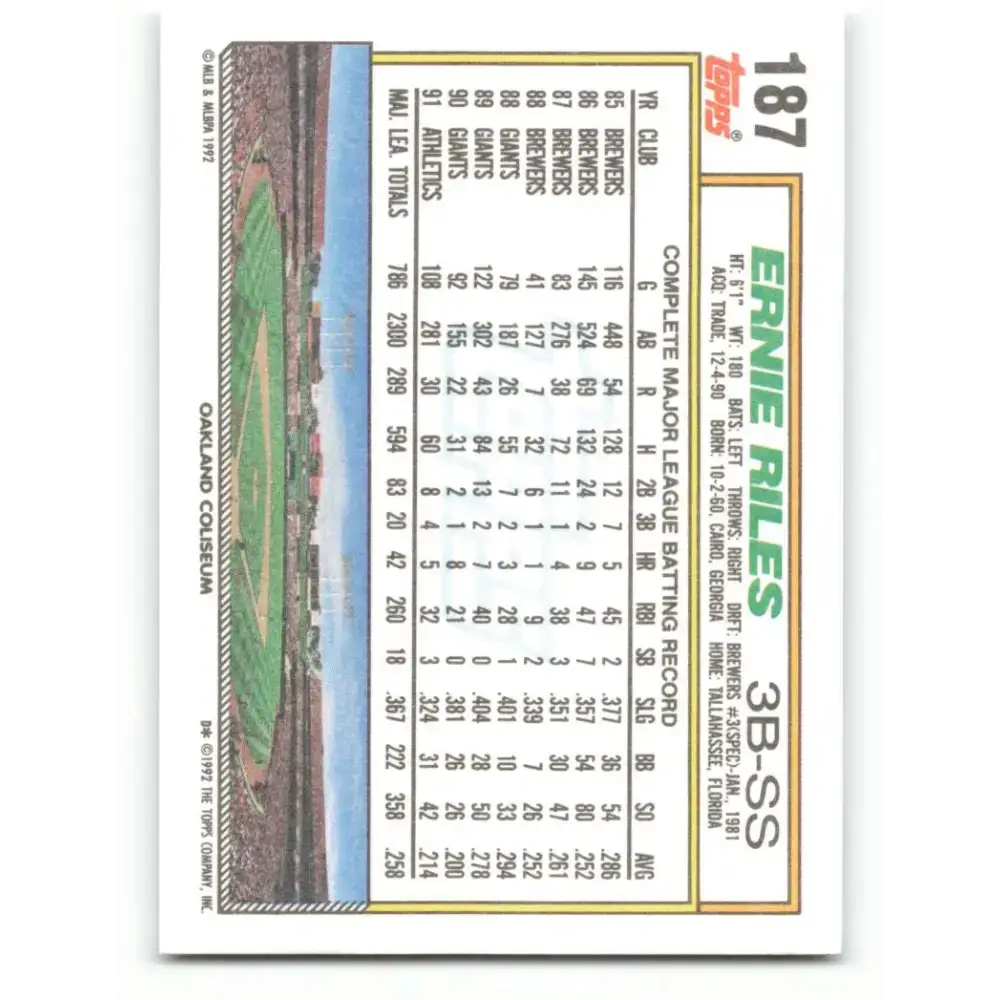 1992 Topps #187 Ernest Riles NM-MT Oakland Athletics Baseball Card - Baseball Card Single