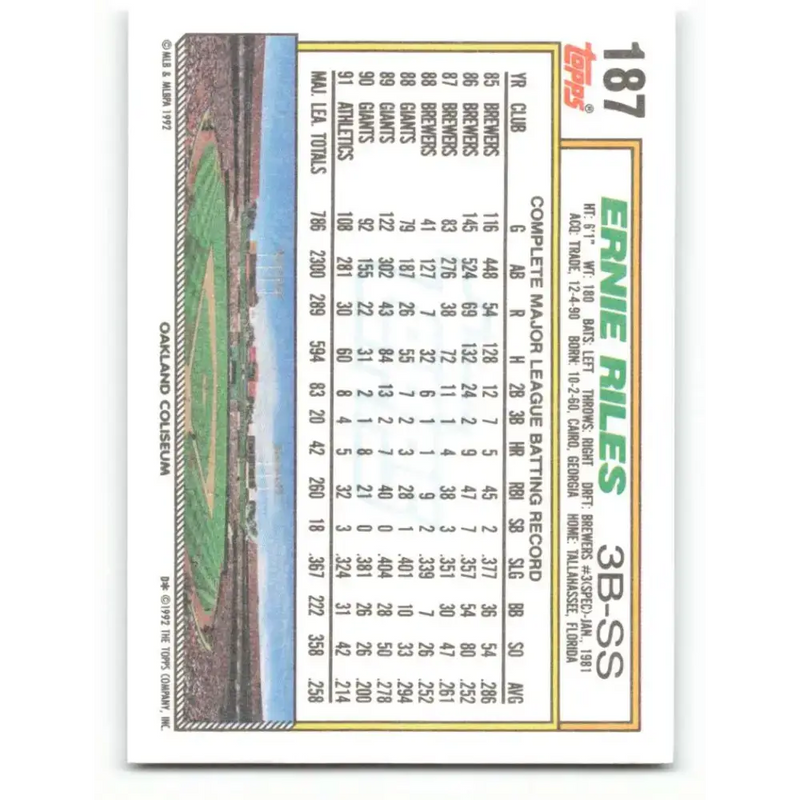 1992 Topps #187 Ernest Riles NM-MT Oakland Athletics Baseball Card - Baseball Card Single