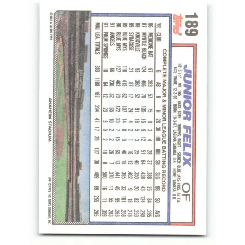 1992 Topps #189 Junior Felix NM-MT California Angels Baseball Card - Baseball Card Single