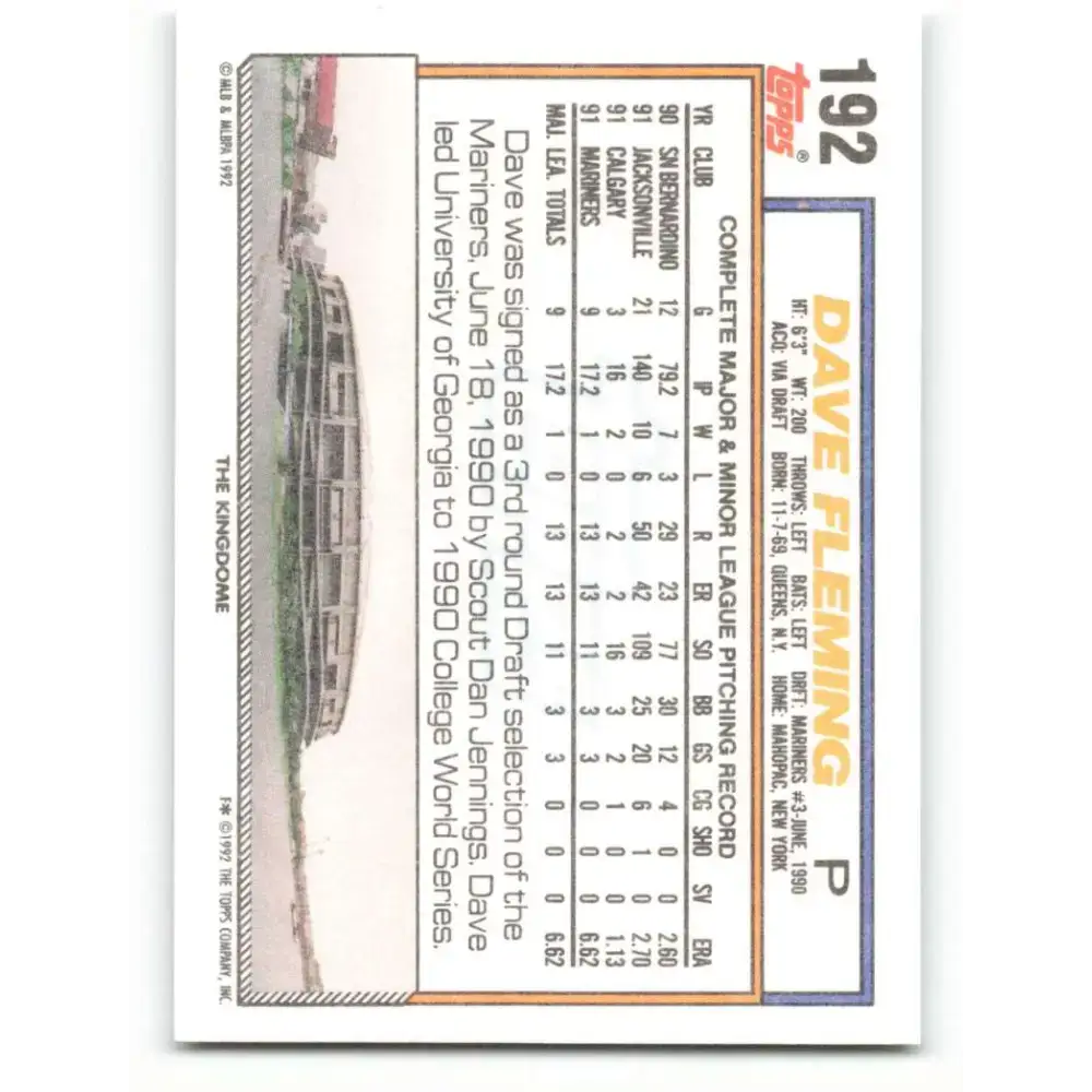 1992 Topps #192 Dave Fleming EX Excellent Seattle Mariners Baseball Card - Baseball Card