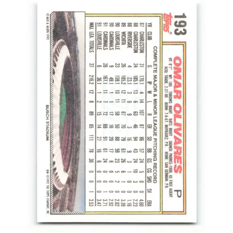 1992 Topps #193 Omar Olivares NM-MT St. Louis Cardinals Baseball Card - Baseball Card Single