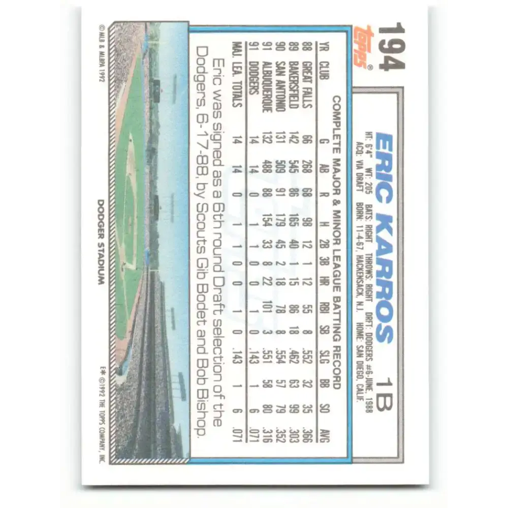1992 Topps #194 Eric Karros NM-MT Los Angeles Dodgers Baseball Card - Baseball Card Single