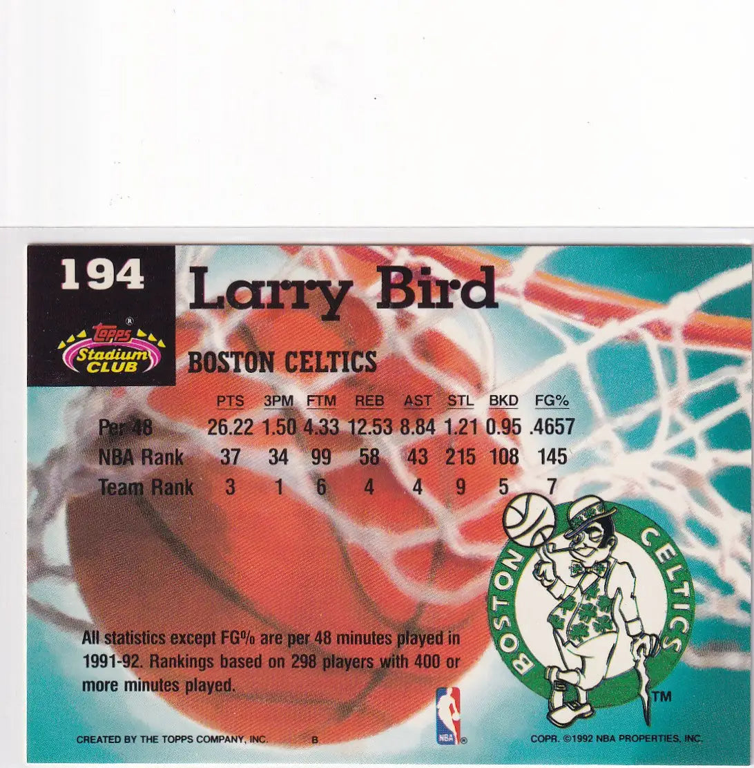 1992 TOPPS #194 LARRY BIRD MEMBERS CHOICE- BOSTON CELTICS - Basketball Card Single