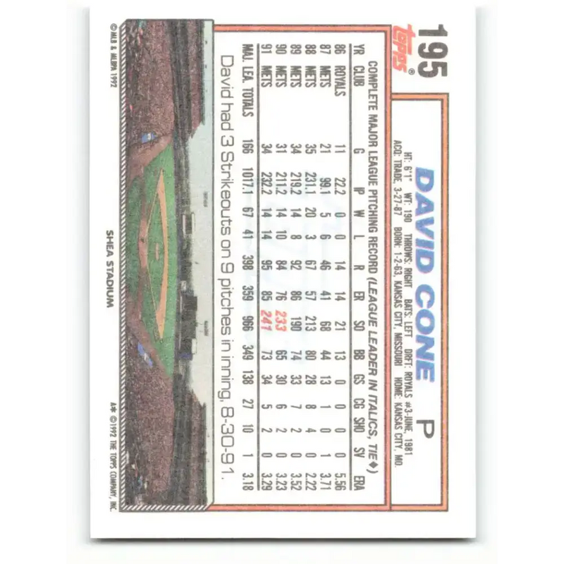 1992 Topps #195 David Cone NM-MT New York Mets Baseball Card - Baseball Card Single