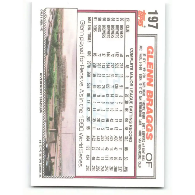 1992 Topps #197 Glenn Braggs NM-MT Cincinnati Reds Baseball Card - Baseball Card Single