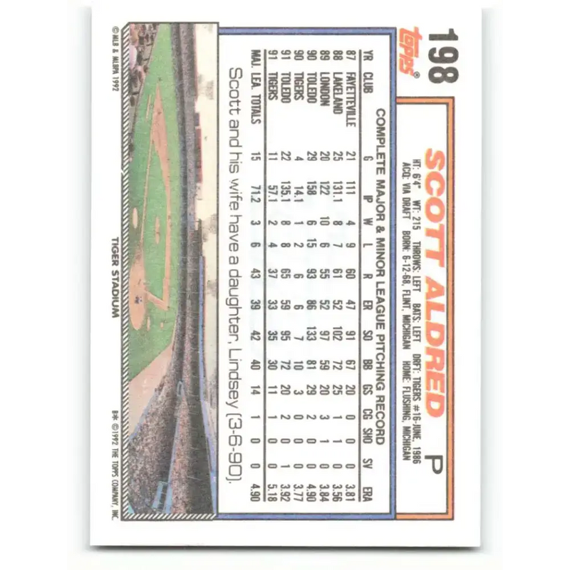 1992 Topps #198 Scott Aldred NM-MT Detroit Tigers Baseball Card - Baseball Card Single
