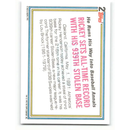 1992 Topps #2 Rickey Henderson EX Excellent Oakland Athletics Baseball Card - Collectible Trading Cards