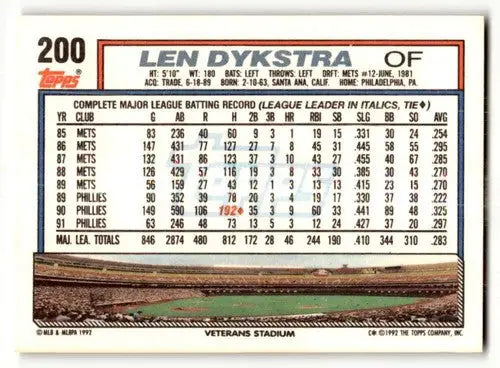 1992 Topps #200 Len Dykstra Philadelphia Phillies Baseball Cards EX/ ID:61159 - Baseball Card Single