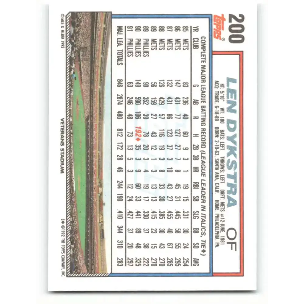 1992 Topps #200 Lenny Dykstra NM-MT Philadelphia Phillies Baseball Card - Baseball Card Single