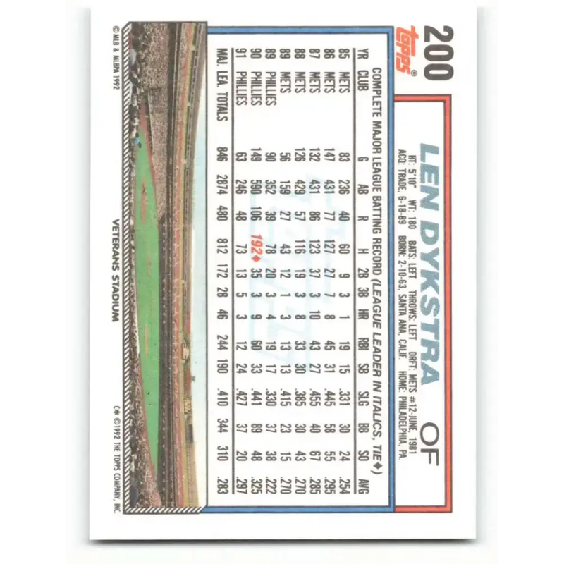 1992 Topps #200 Lenny Dykstra NM-MT Philadelphia Phillies Baseball Card - Baseball Card Single