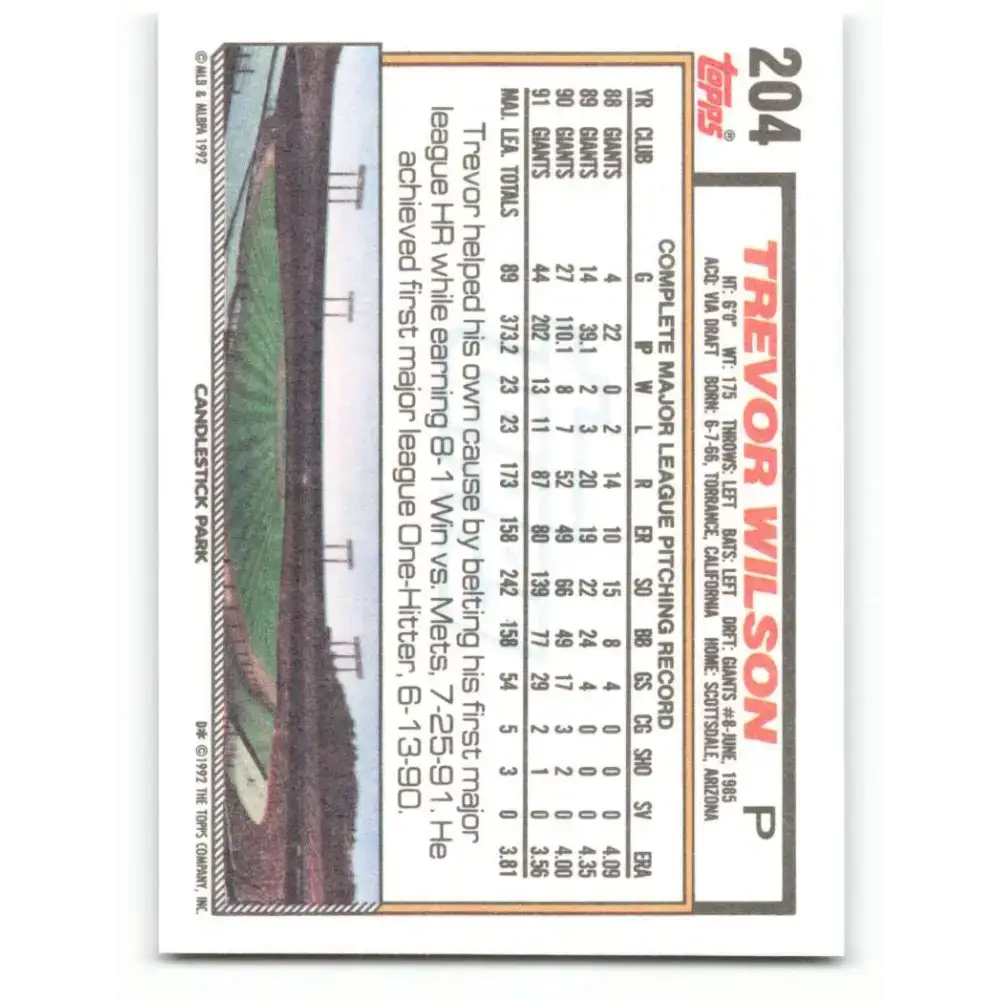 1992 Topps #204 Trevor Wilson NM-MT San Francisco Giants Baseball Card - Baseball Card Single