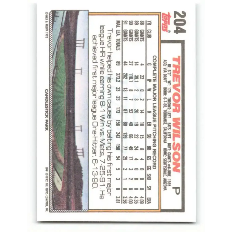 1992 Topps #204 Trevor Wilson NM-MT San Francisco Giants Baseball Card - Baseball Card Single