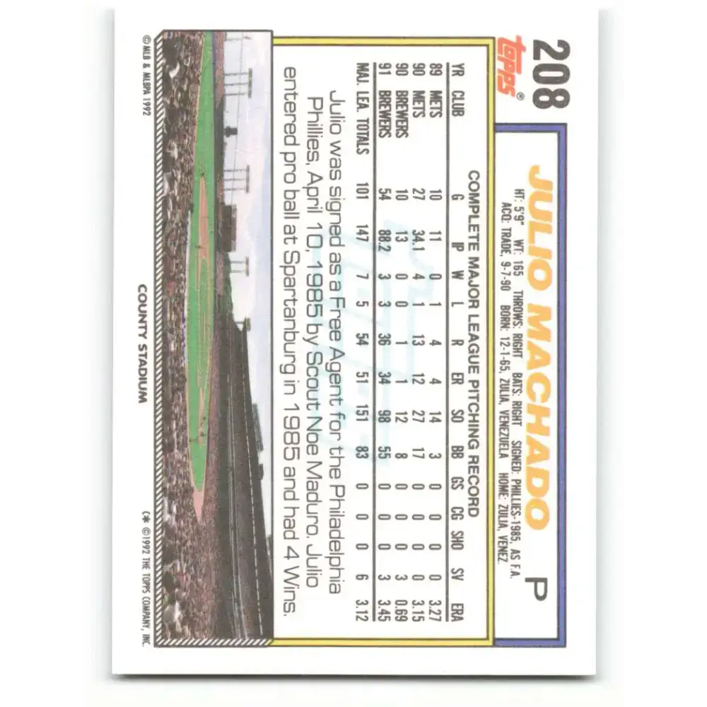 1992 Topps #208 Julio Machado NM-MT Milwaukee Brewers Baseball Card - Baseball Card Single