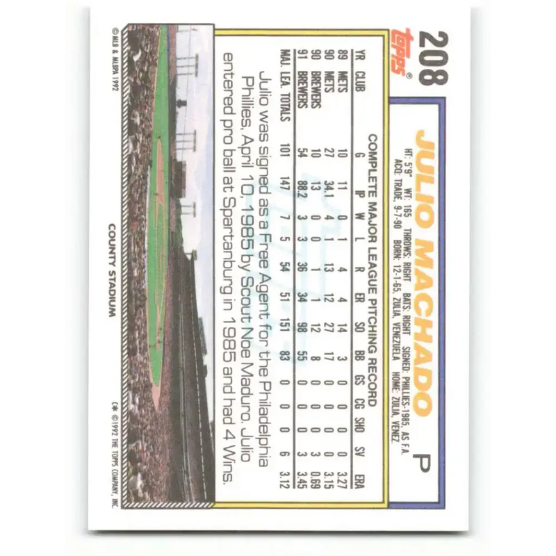 1992 Topps #208 Julio Machado NM-MT Milwaukee Brewers Baseball Card - Baseball Card Single