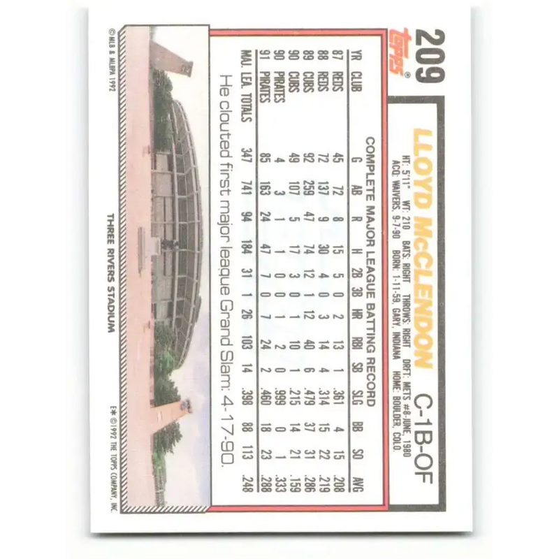 1992 Topps #209 Lloyd McClendon NM-MT Pittsburgh Pirates Baseball Card - Baseball Card Single