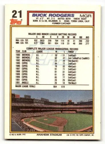 1992 Topps #21 Buck Rodgers California Angels Baseball Cards EX/NM ID:61124 - Baseball Card Single