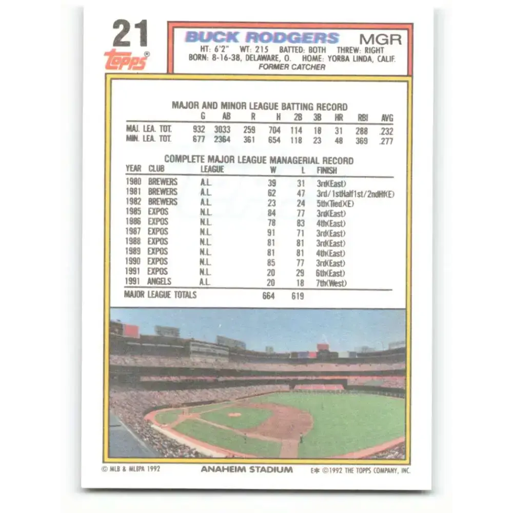 1992 Topps #21 Buck Rodgers NM-MT California Angels Baseball Card - Baseball Card Single