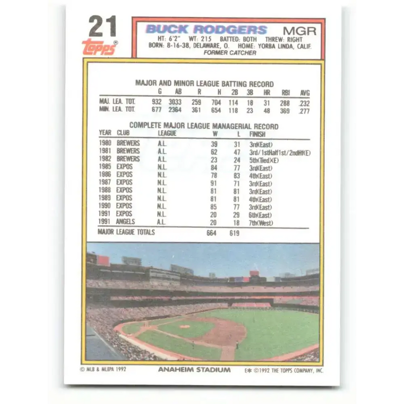 1992 Topps #21 Buck Rodgers NM-MT California Angels Baseball Card - Baseball Card Single