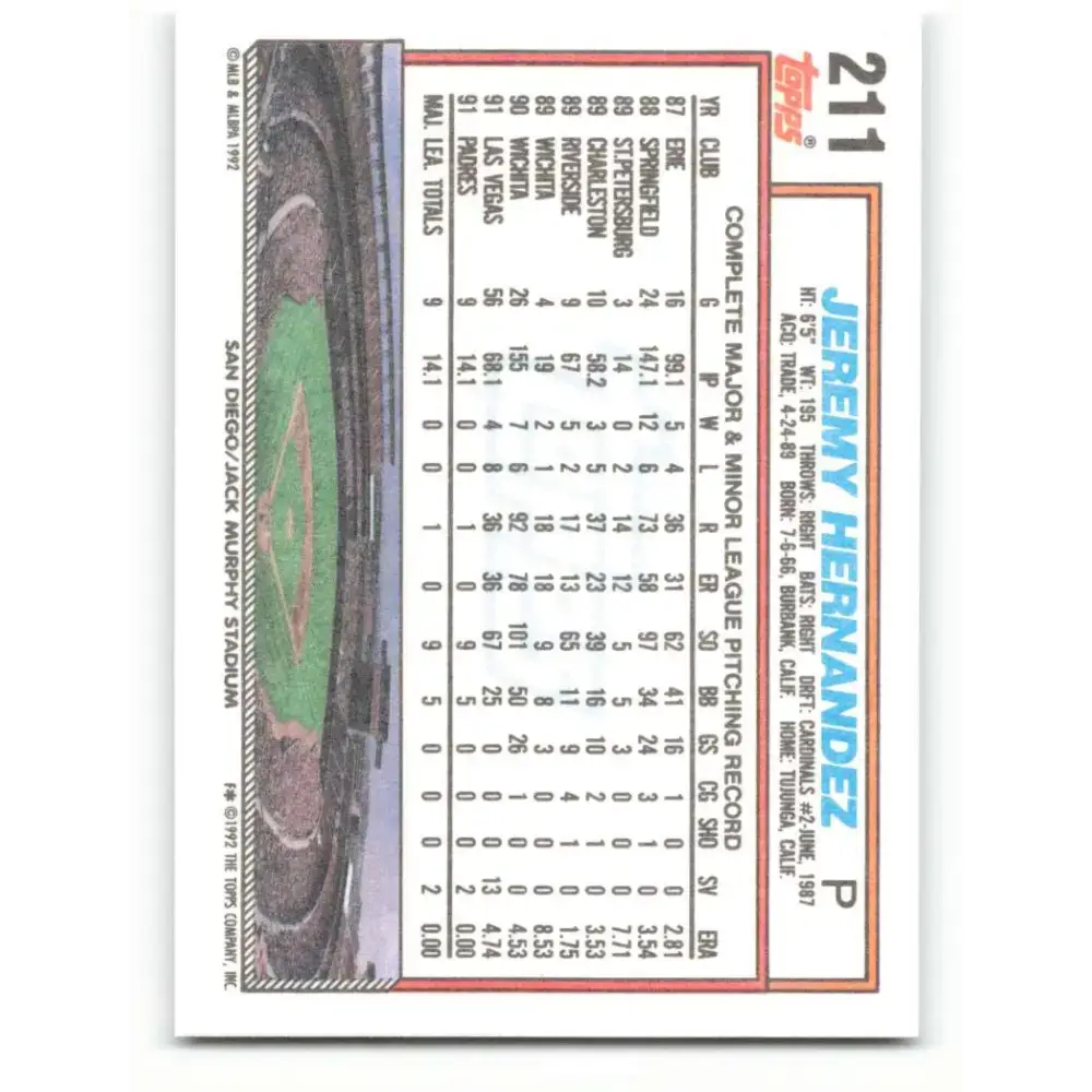1992 Topps #211 Jeremy Hernandez NM-MT RC Rookie San Diego Padres Baseball Card - Baseball Card Single