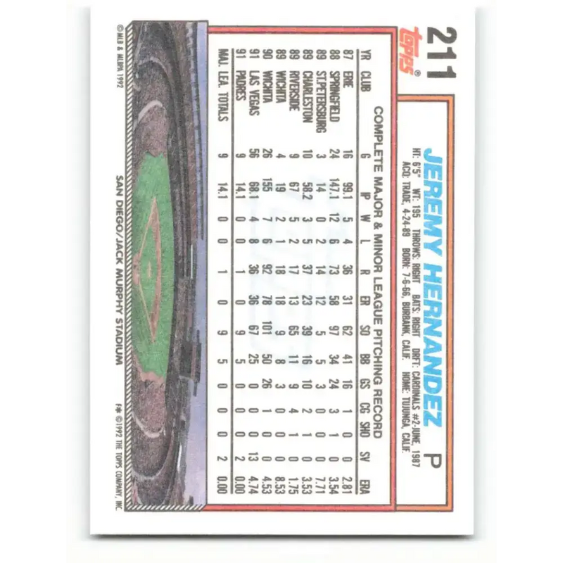 1992 Topps #211 Jeremy Hernandez NM-MT RC Rookie San Diego Padres Baseball Card - Baseball Card Single