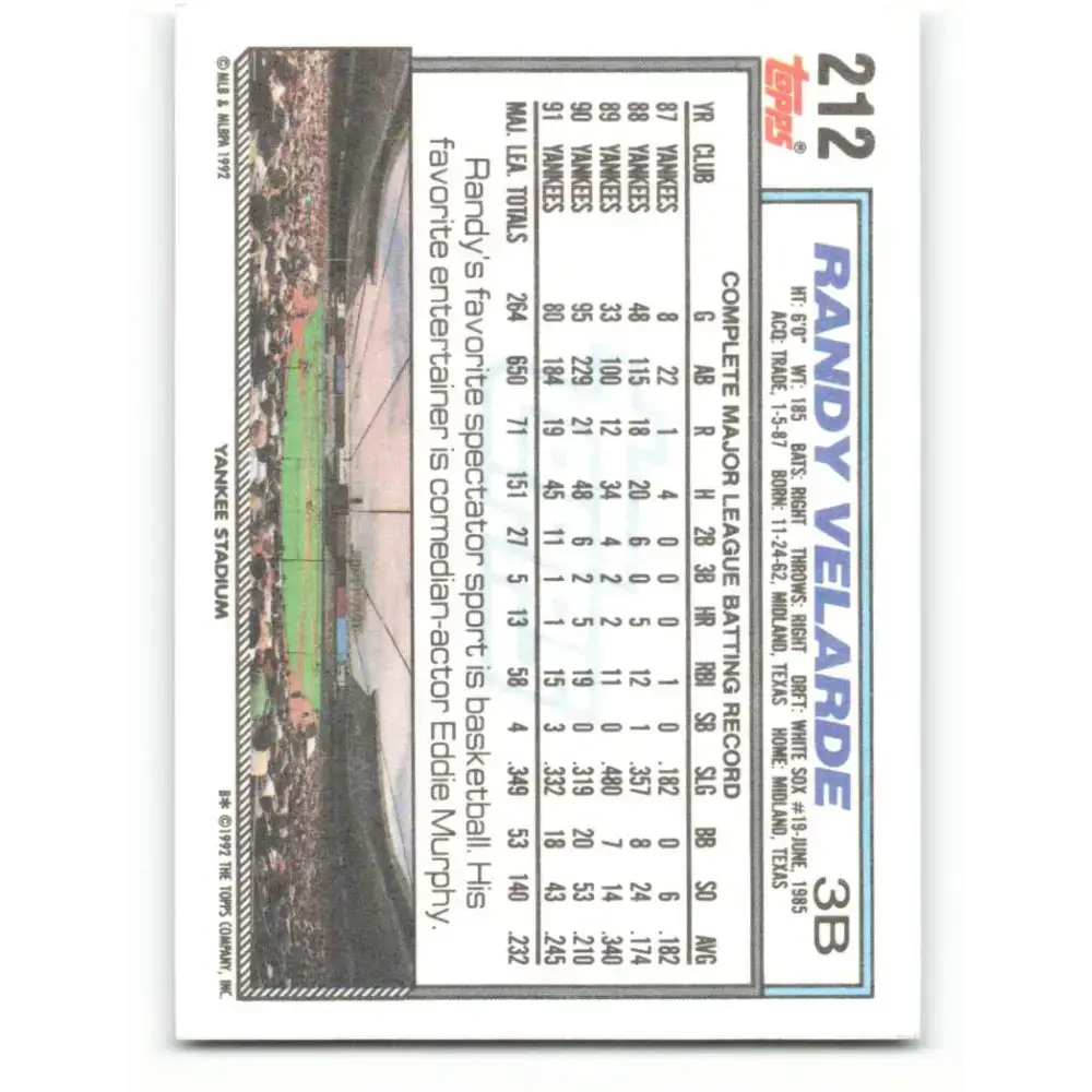 1992 Topps #212 Randy Velarde NM-MT New York Yankees Baseball Card - Baseball Card Single