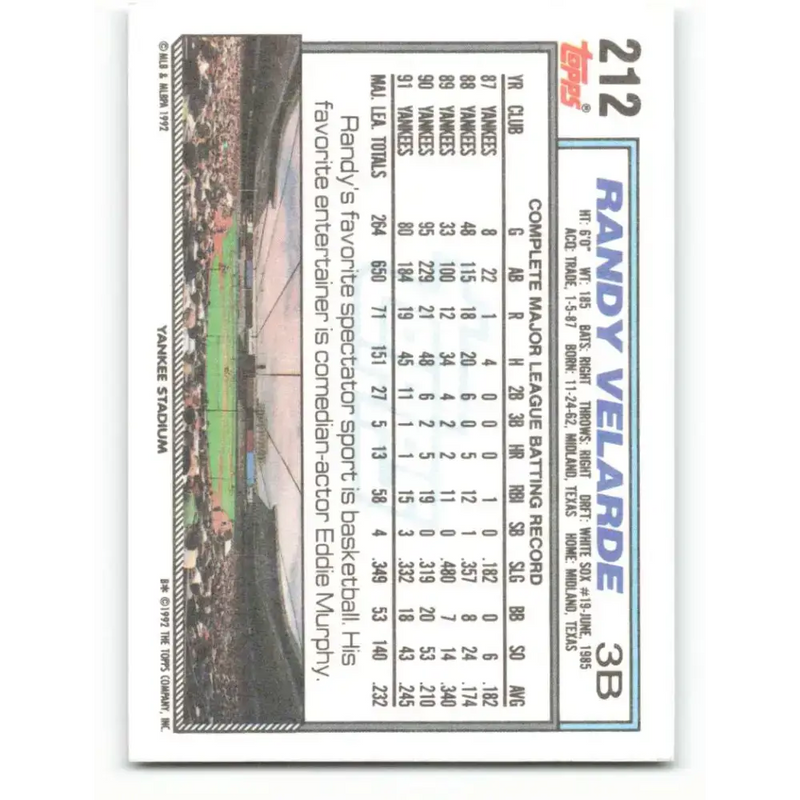 1992 Topps #212 Randy Velarde NM-MT New York Yankees Baseball Card - Baseball Card Single