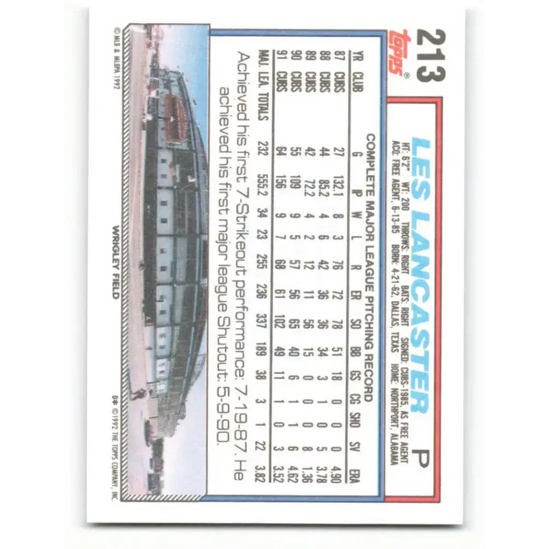 1992 Topps #213 Les Lancaster NM-MT Chicago Cubs Baseball Card - Baseball Card Single