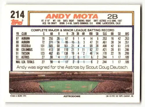 1992 Topps #214 Andy Mota Houston Astros Baseball Cards EX/NM ID:55894 - Baseball Card Single