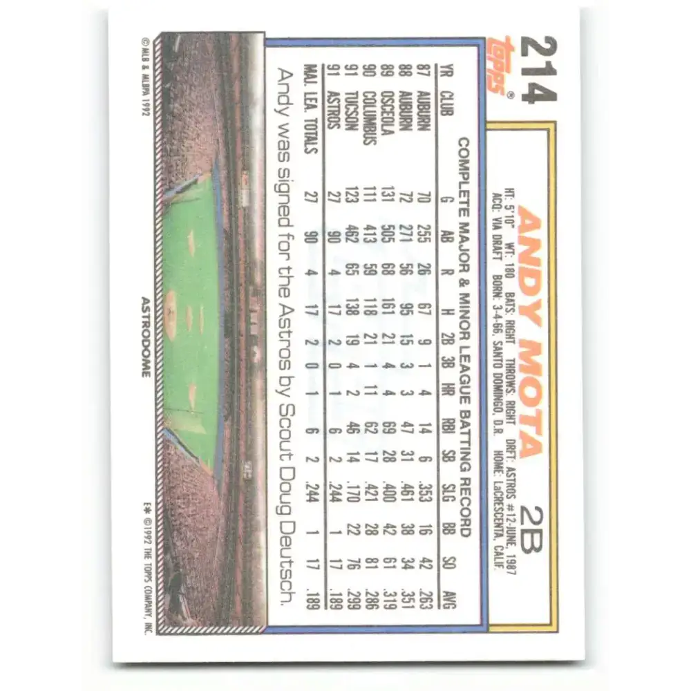 1992 Topps #214 Andy Mota NM-MT Houston Astros Baseball Card - Baseball Card Single