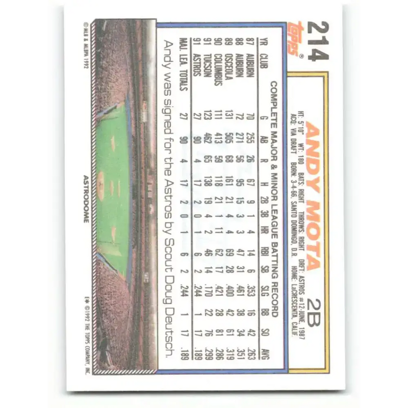 1992 Topps #214 Andy Mota NM-MT Houston Astros Baseball Card - Baseball Card Single