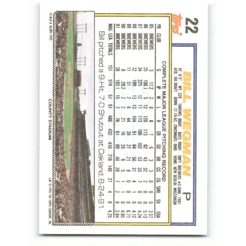 1992 Topps #22 Bill Wegman EX Excellent Milwaukee Brewers Baseball Card