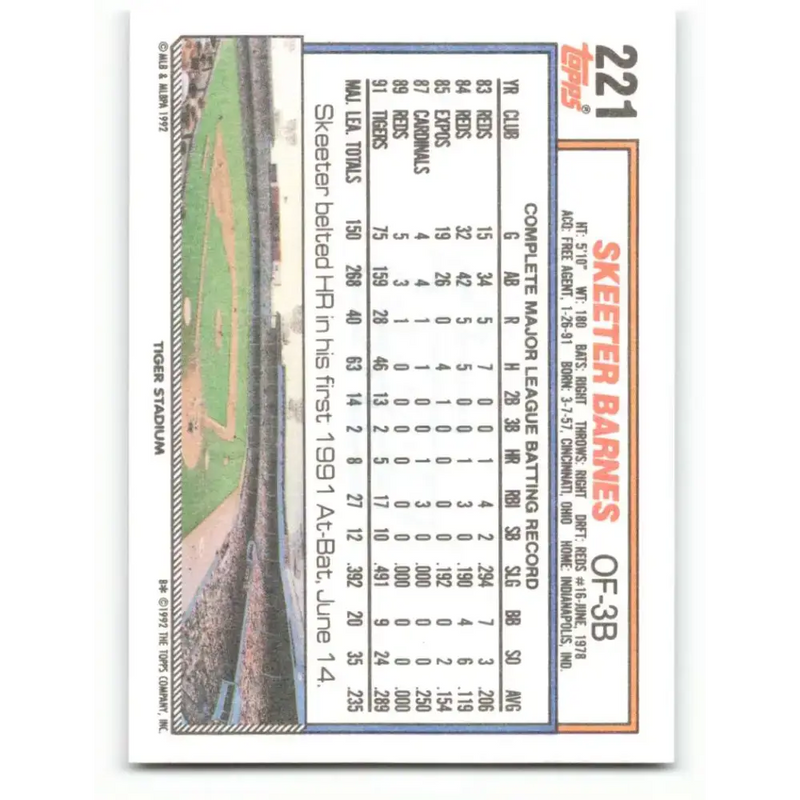 1992 Topps #221 Skeeter Barnes NM-MT Detroit Tigers Baseball Card - Baseball Card Single