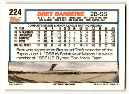 1992 Topps #224 Bret Barberie Montreal Expos Baseball Cards EX/NM ID:55898 - Baseball Card Single
