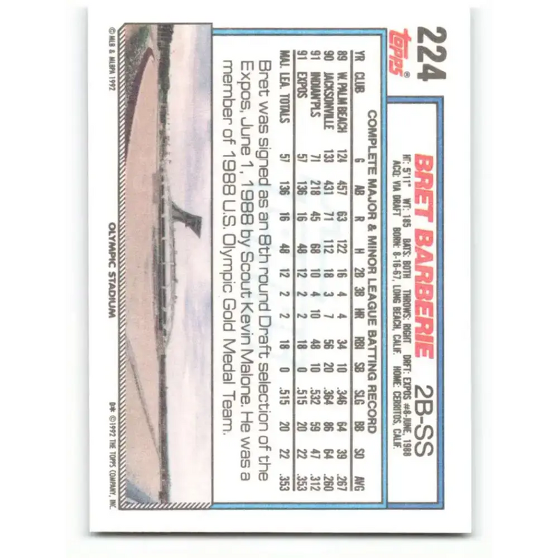 1992 Topps #224 Bret Barberie NM-MT Montreal Expos Baseball Card - Baseball Card Single