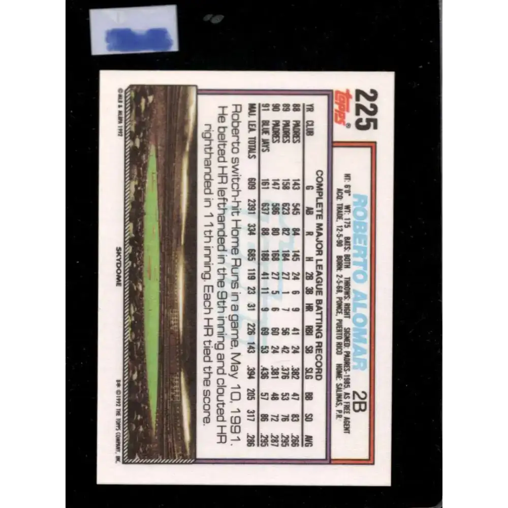 1992 Topps #225 Roberto Alomar EX Excellent Toronto Blue Jays Baseball Card - Baseball Card