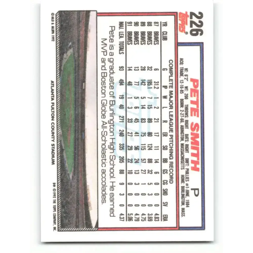 1992 Topps #226 Pete Smith NM-MT Atlanta Braves Baseball Card - Baseball Card Single