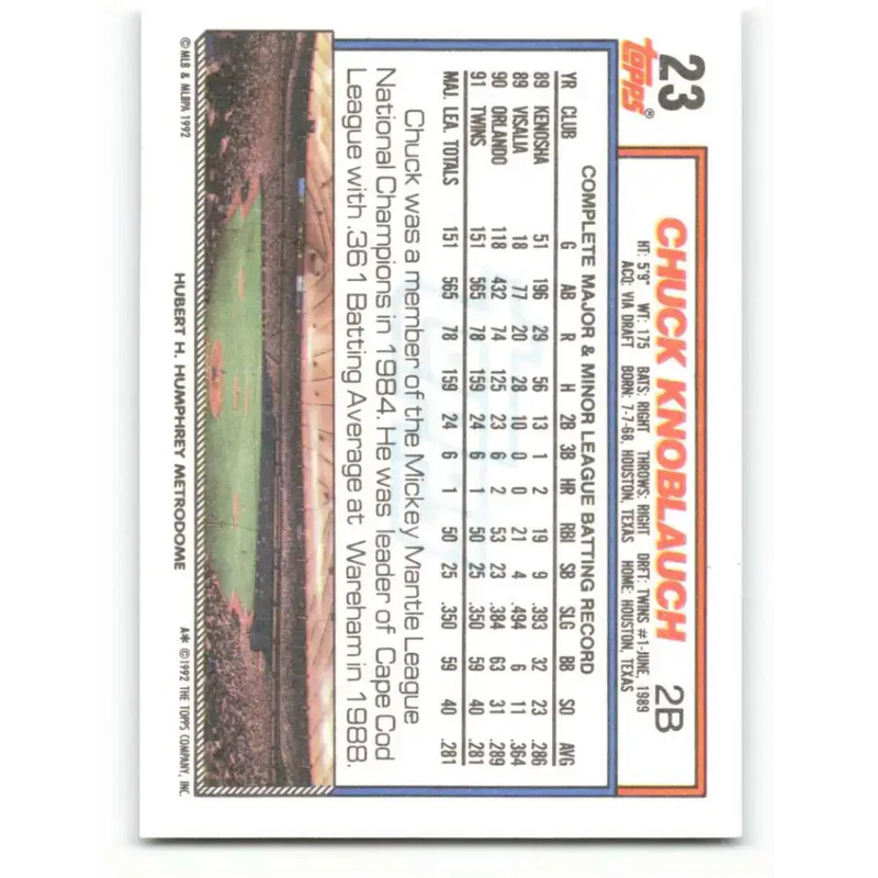 1992 Topps #23 Chuck Knoblauch NM-MT Minnesota Twins Baseball Card - Baseball Card Single