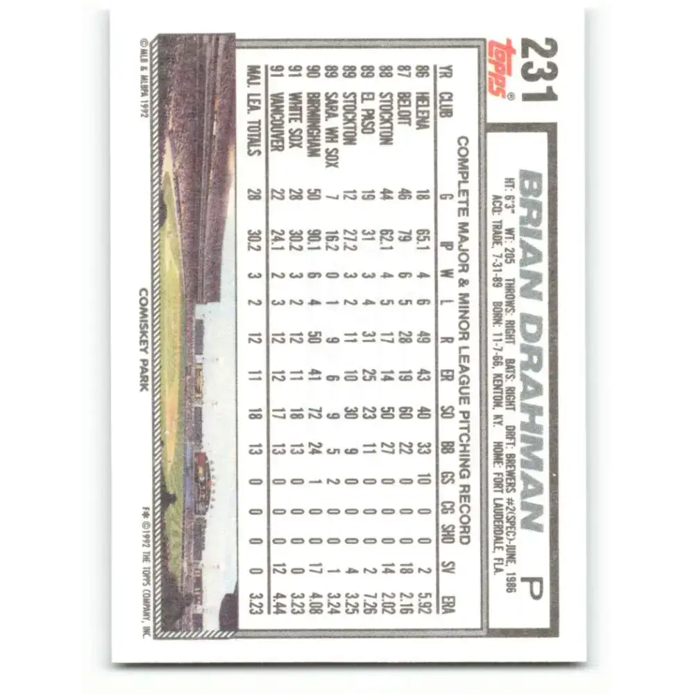 1992 Topps #231 Brian Drahman NM-MT Chicago White Sox Baseball Card - Baseball Card Single