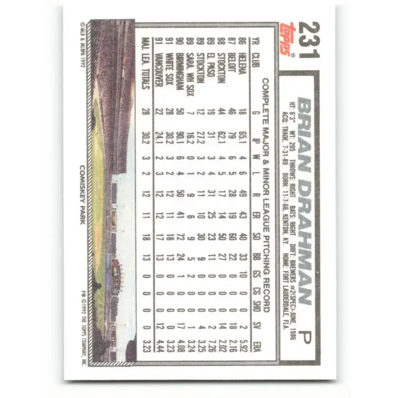 1992 Topps #231 Brian Drahman NM-MT Chicago White Sox Baseball Card - Baseball Card Single