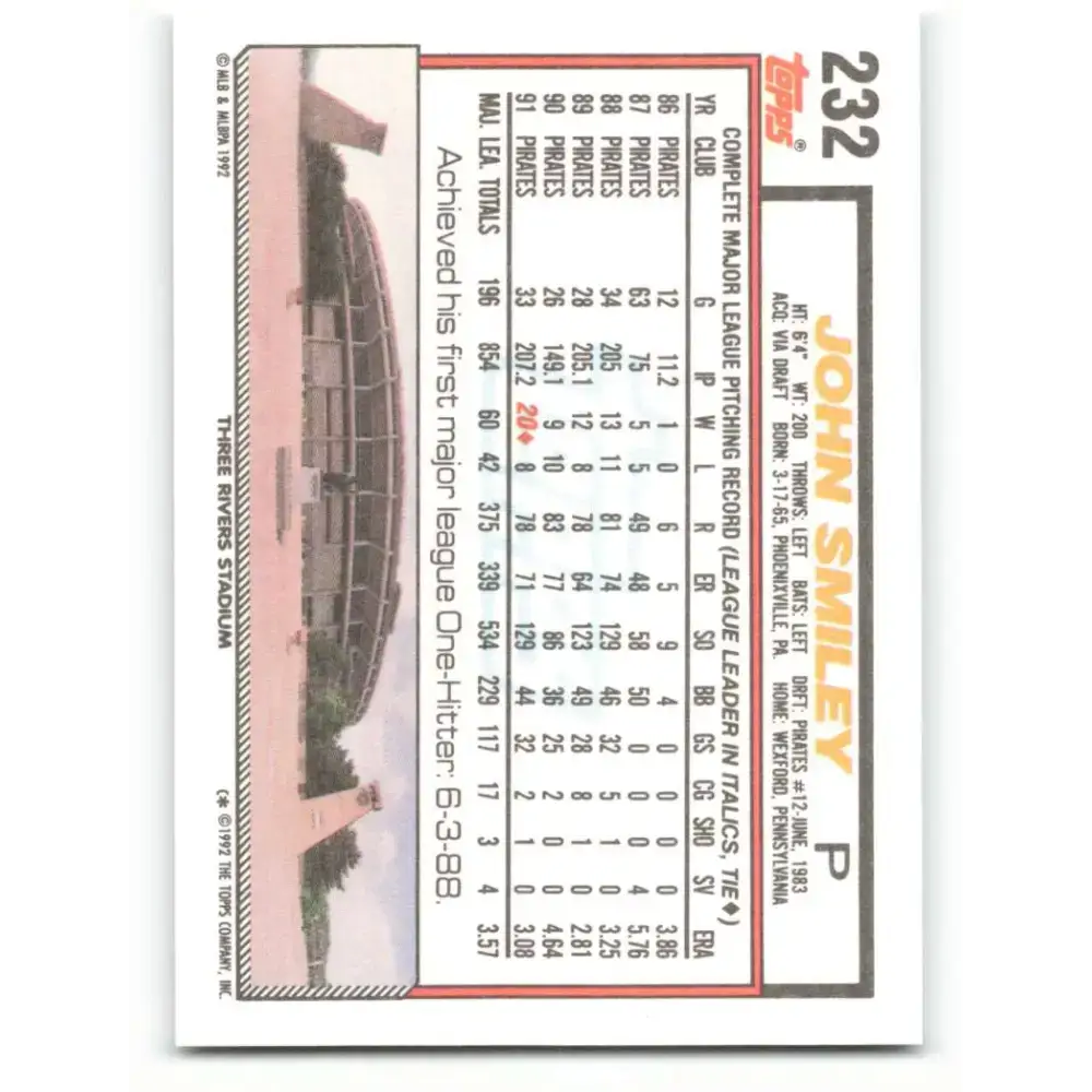 1992 Topps #232 John Smiley NM-MT Pittsburgh Pirates Baseball Card - Baseball Card Single